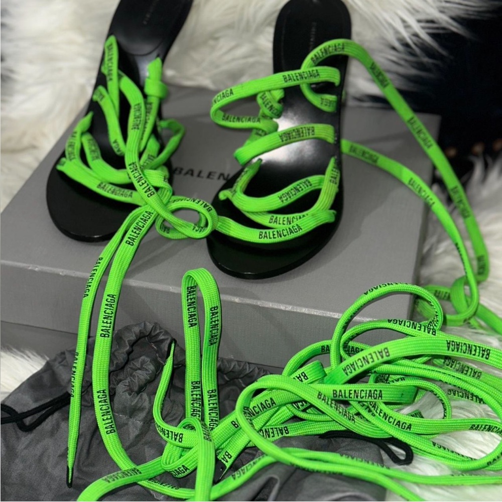 Balenciaga Black and Neon Green Logo Sandals